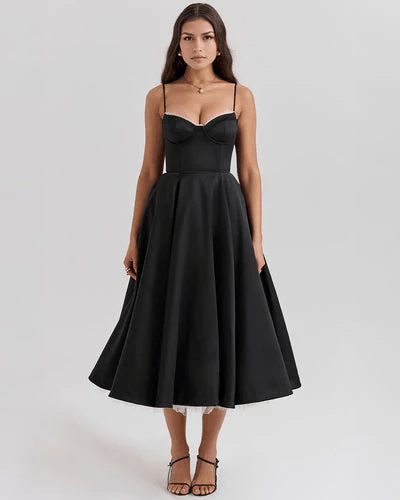 Granada Women's Bustier Full Skirt Midi Dress | Satin Tea Length Occasion Dress | Evening & Going Out