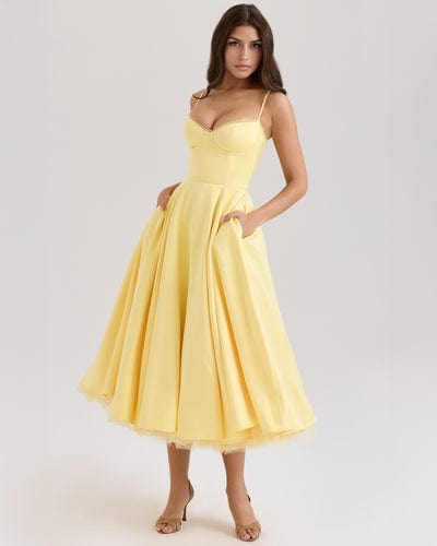 Granada Women's Bustier Full Skirt Midi Dress | Satin Tea Length Occasion Dress | Evening & Going Out