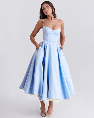 Granada Women's Bustier Full Skirt Midi Dress | Satin Tea Length Occasion Dress | Evening & Going Out