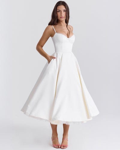 Granada Women's Bustier Full Skirt Midi Dress | Satin Tea Length Occasion Dress | Evening & Going Out