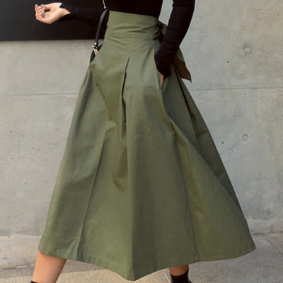 Chantel Women's High Waist Midi Skirt | Pleated A-Line Bow Detail | Smart Casual Statement Skirt