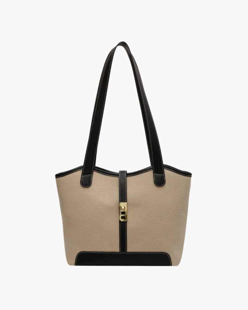Women’s Classic Structured Tote Bag – Beige and Brown Canvas Handbag with Leather Trim
