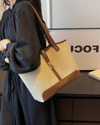 Women’s Structured Tote Bag – Canvas Handbag with Faux Leather Trim, Brown and Black