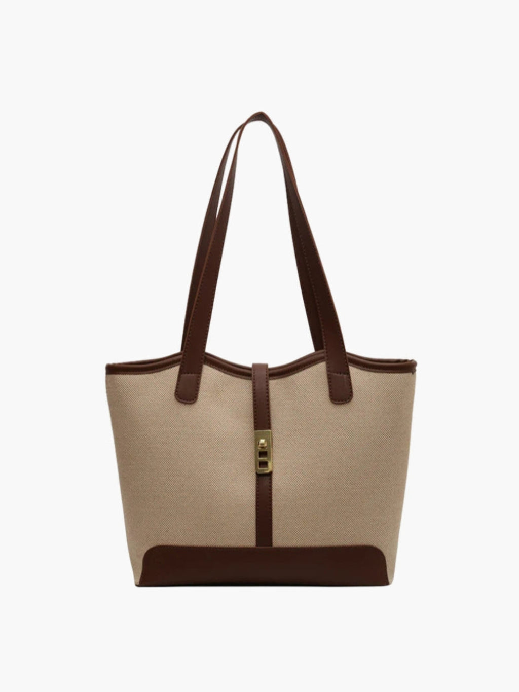 Women’s Classic Structured Tote Bag – Beige and Brown Canvas Handbag with Leather Trim