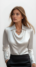 Janene Women's Satin Cowl Drape Blouse | Collared Waterfall Neck Top | Smart Workwear & Going Out