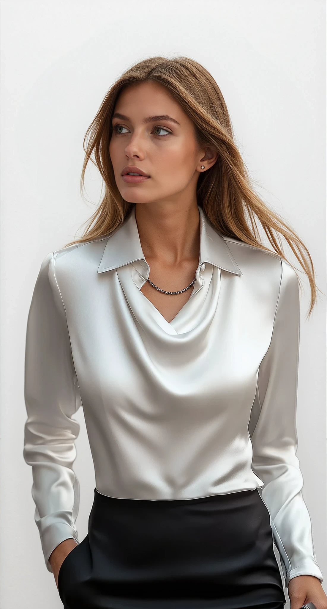 Janene Women's Satin Cowl Drape Blouse | Collared Waterfall Neck Top | Smart Workwear & Going Out