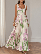 Ivana Women's Floral Chiffon Pleated Maxi Dress | Square Neck Summer Occasion Dress | Casual & Evening