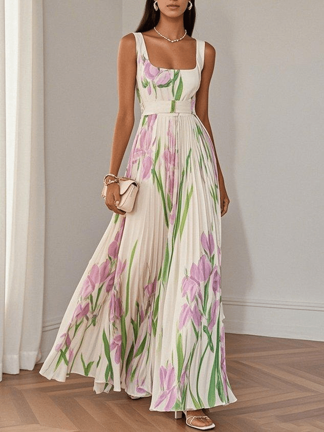 Ivana Women's Floral Chiffon Pleated Maxi Dress | Square Neck Summer Occasion Dress | Casual & Evening