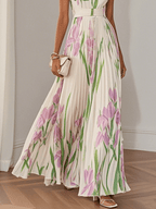 Ivana Women's Floral Chiffon Pleated Maxi Dress | Square Neck Summer Occasion Dress | Casual & Evening