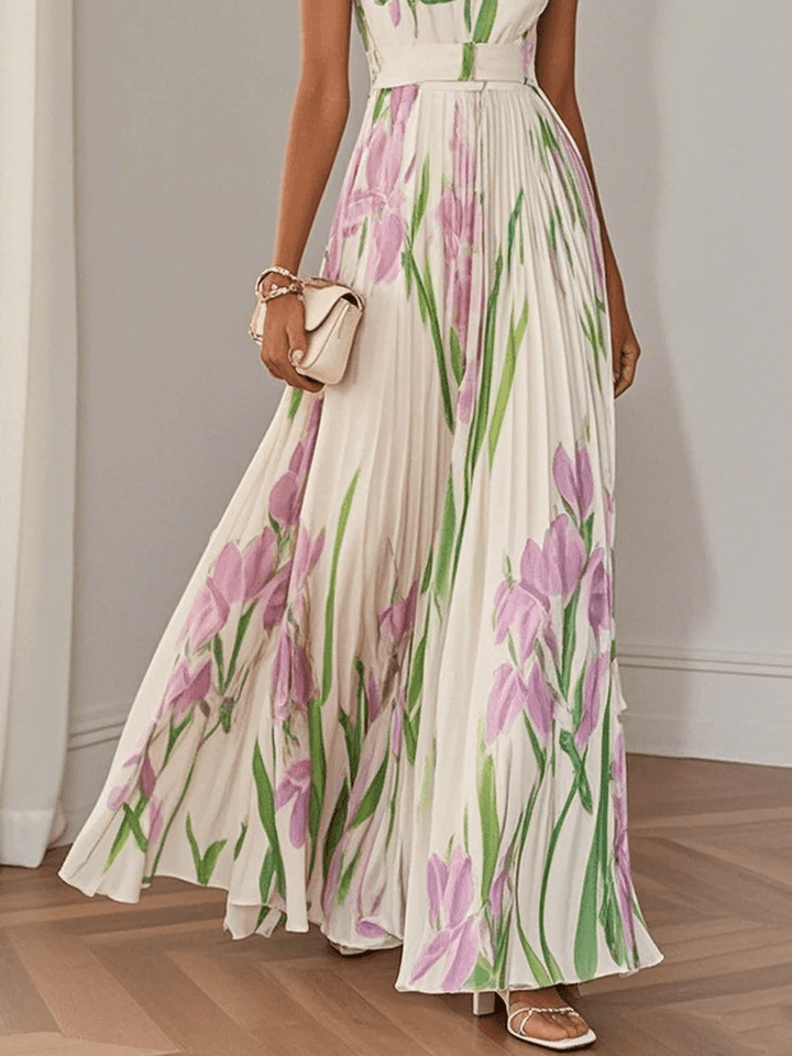 Ivana Women's Floral Chiffon Pleated Maxi Dress | Square Neck Summer Occasion Dress | Casual & Evening