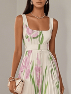 Ivana Women's Floral Chiffon Pleated Maxi Dress | Square Neck Summer Occasion Dress | Casual & Evening