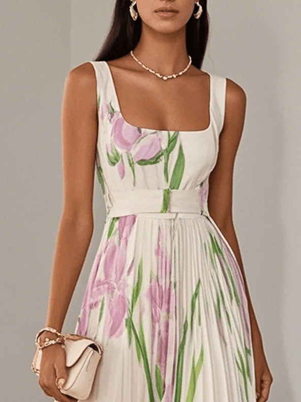 Ivana Women's Floral Chiffon Pleated Maxi Dress | Square Neck Summer Occasion Dress | Casual & Evening
