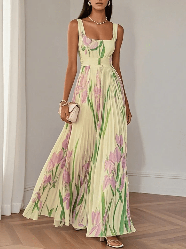 Ivana Women's Floral Chiffon Pleated Maxi Dress | Square Neck Summer Occasion Dress | Casual & Evening
