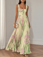 Ivana Women's Floral Chiffon Pleated Maxi Dress | Square Neck Summer Occasion Dress | Casual & Evening