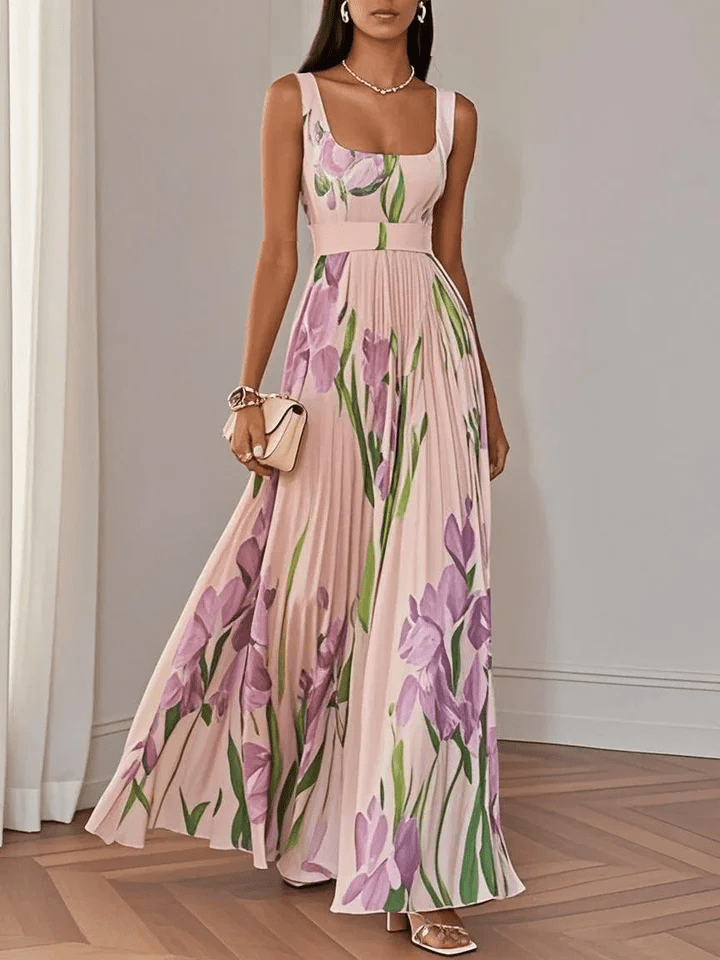 Ivana Women's Floral Chiffon Pleated Maxi Dress | Square Neck Summer Occasion Dress | Casual & Evening