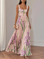 Ivana Women's Floral Chiffon Pleated Maxi Dress | Square Neck Summer Occasion Dress | Casual & Evening