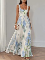 Ivana Women's Floral Chiffon Pleated Maxi Dress | Square Neck Summer Occasion Dress | Casual & Evening