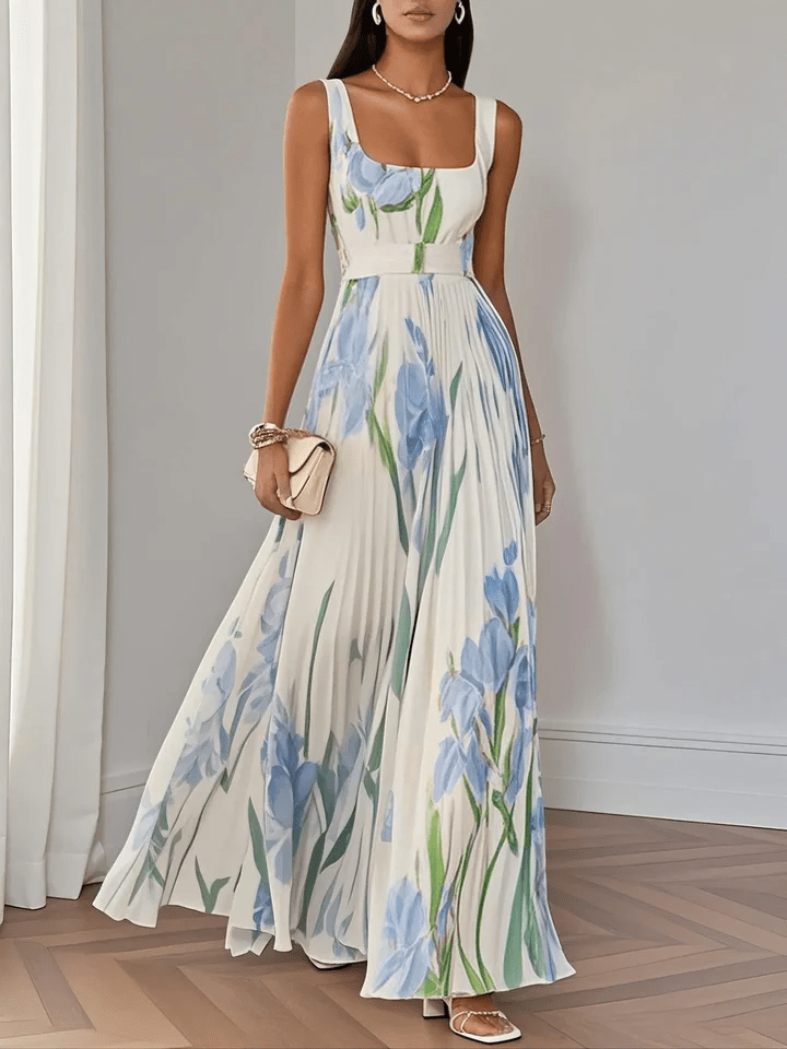 Ivana Women's Floral Chiffon Pleated Maxi Dress | Square Neck Summer Occasion Dress | Casual & Evening