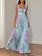Ivana Women's Floral Chiffon Pleated Maxi Dress | Square Neck Summer Occasion Dress | Casual & Evening