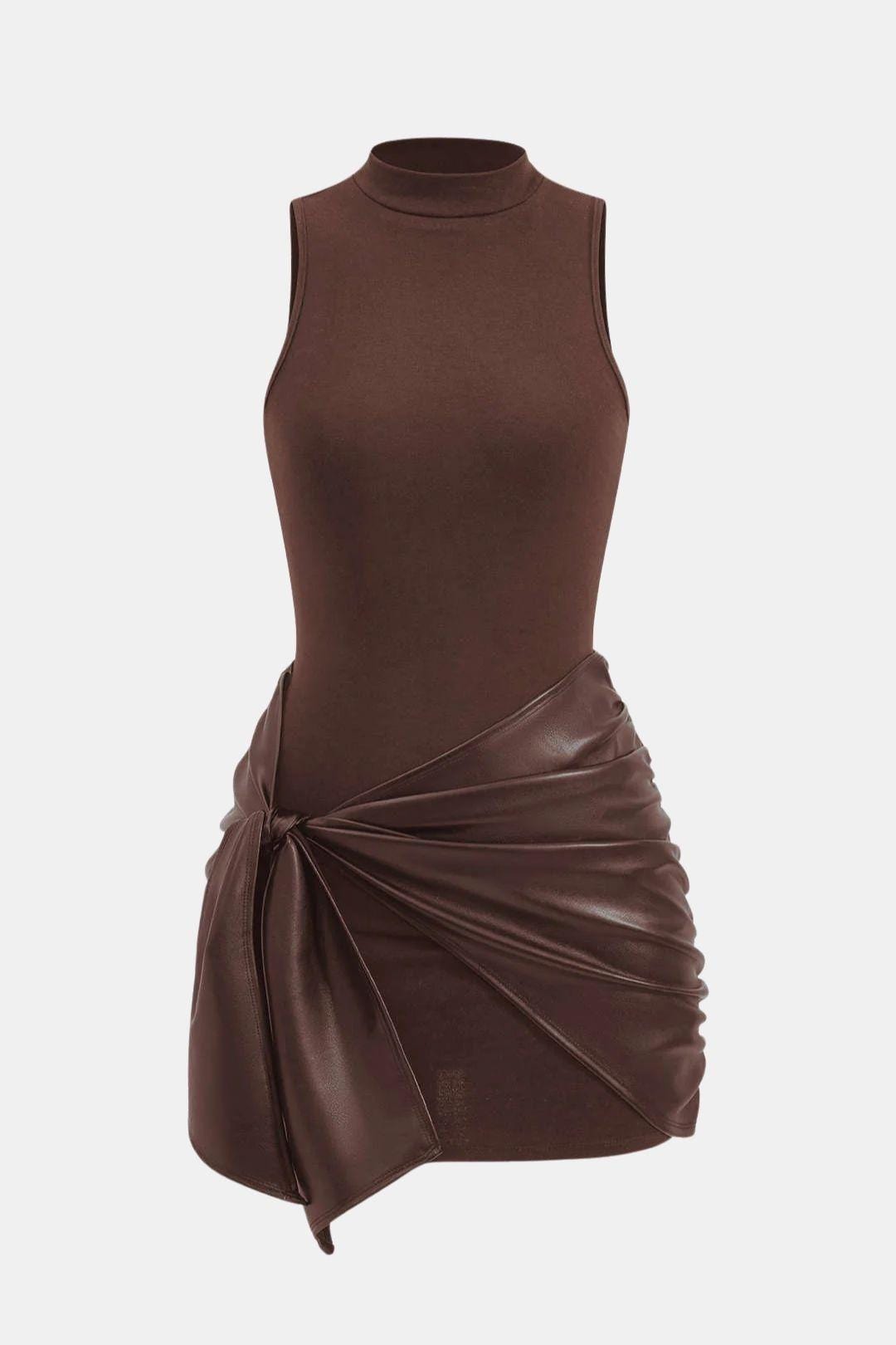 Izza Women's Mock Neck Sleeveless Mini Dress | Tie Front Draped Skirt Going Out Dress | Evening & Casual