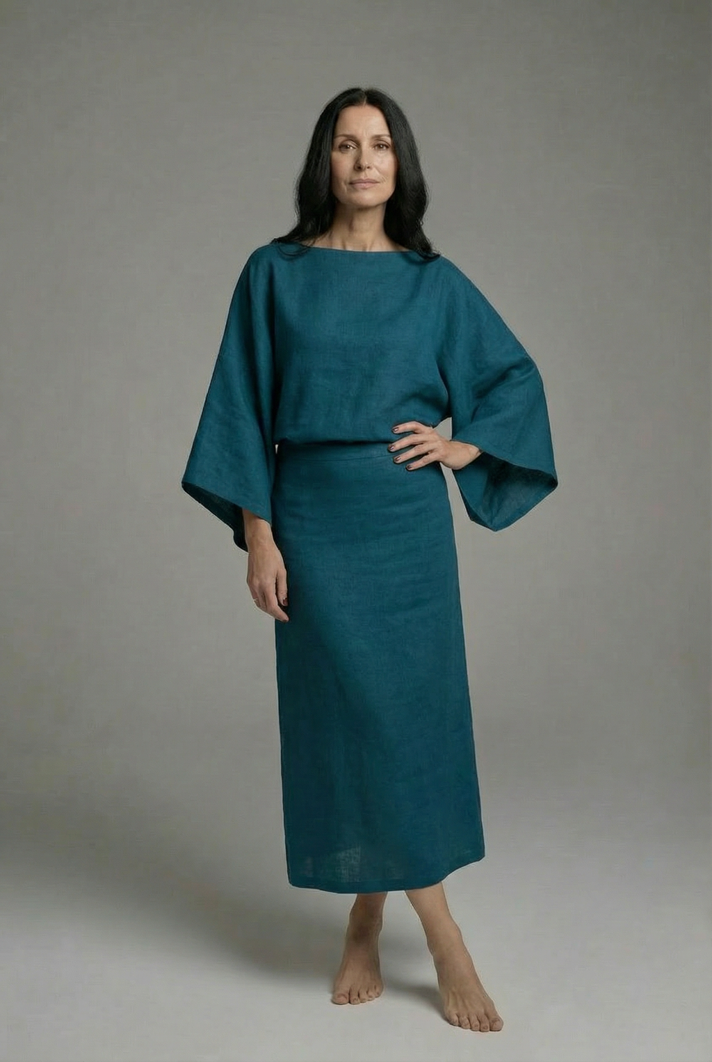 Women's Kimono Midi Dress Relaxed Fit with Tie Waist & Flowing Sleeves