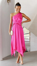 Audrine Women's Satin One Shoulder Midi Dress | Draped Twist Asymmetric | Evening & Smart Casual