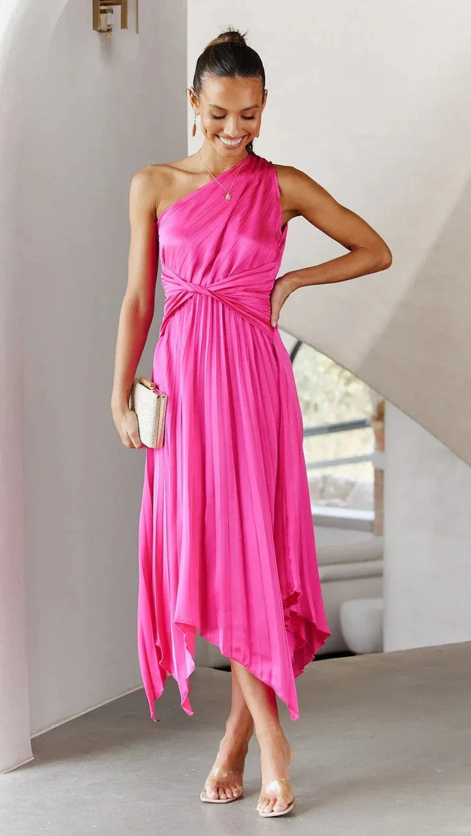 Audrine Women's Satin One Shoulder Midi Dress | Draped Twist Asymmetric | Evening & Smart Casual