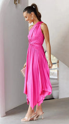 Audrine Women's Satin One Shoulder Midi Dress | Draped Twist Asymmetric | Evening & Smart Casual