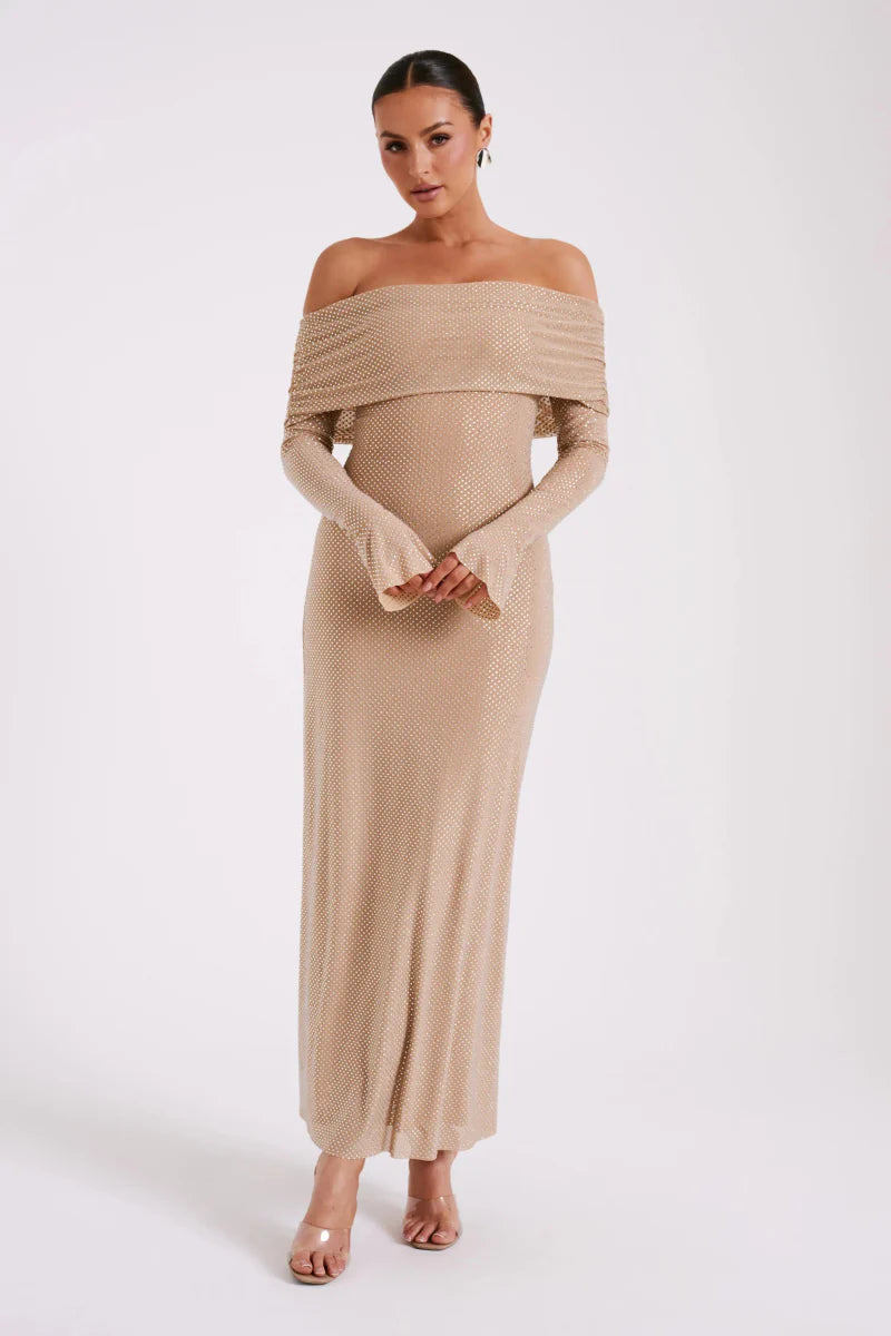 Jada Women's Rhinestone Mesh Off Shoulder Maxi Dress | Embellished Long Sleeve | Evening & Occasion