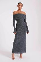Jada Women's Rhinestone Mesh Off Shoulder Maxi Dress | Embellished Long Sleeve | Evening & Occasion