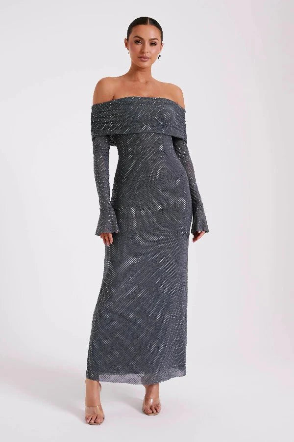 Jada Women's Rhinestone Mesh Off Shoulder Maxi Dress | Embellished Long Sleeve | Evening & Occasion