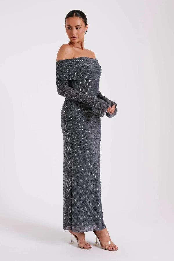 Jada Women's Rhinestone Mesh Off Shoulder Maxi Dress | Embellished Long Sleeve | Evening & Occasion