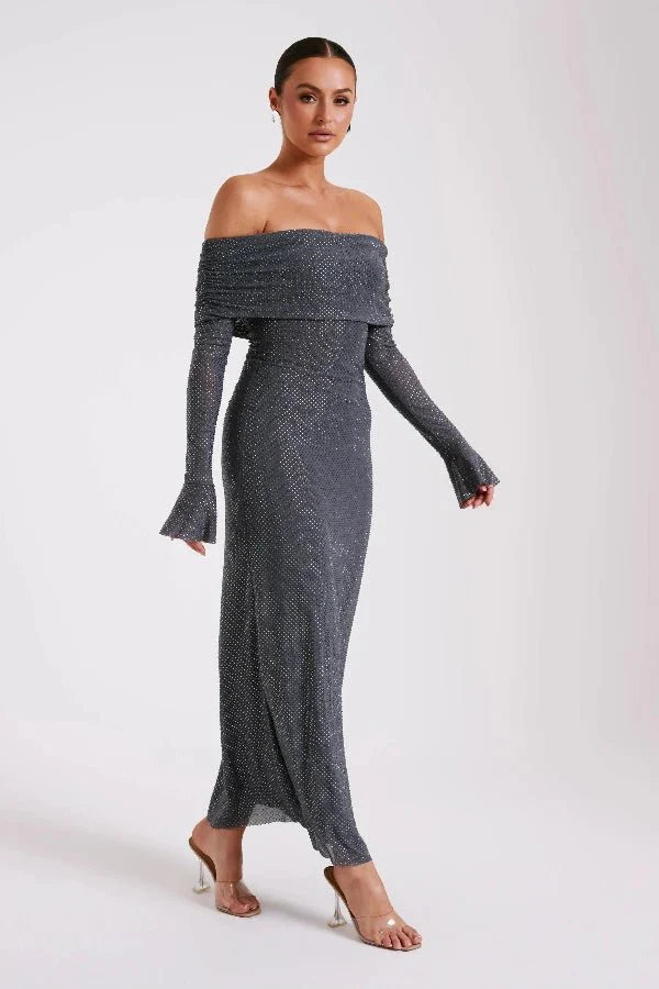 Jada Women's Rhinestone Mesh Off Shoulder Maxi Dress | Embellished Long Sleeve | Evening & Occasion