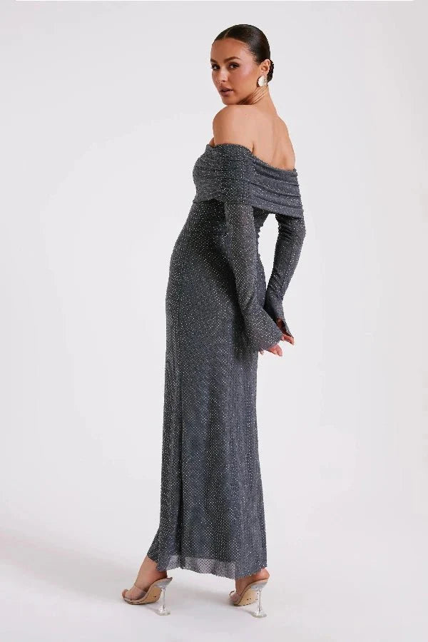 Jada Women's Rhinestone Mesh Off Shoulder Maxi Dress | Embellished Long Sleeve | Evening & Occasion