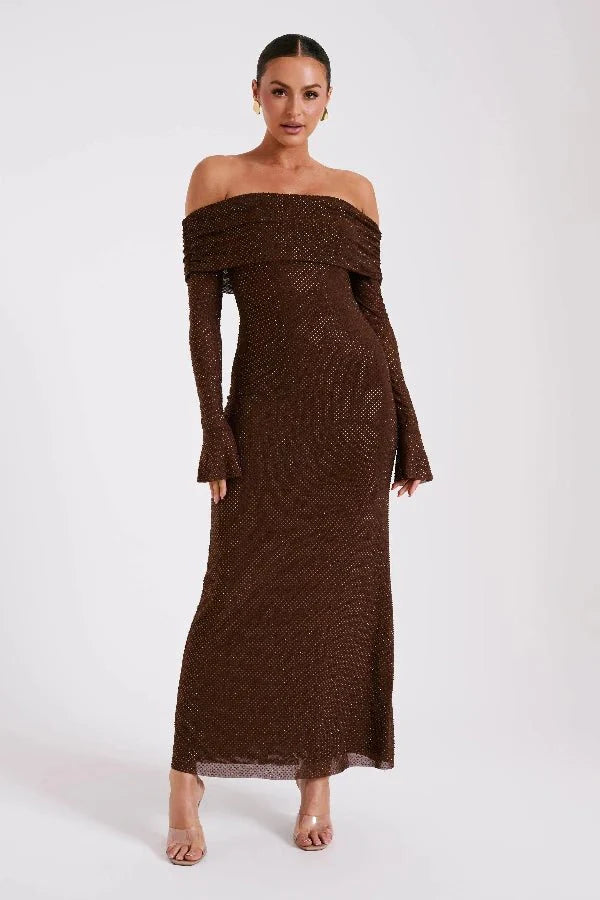 Jada Women's Rhinestone Mesh Off Shoulder Maxi Dress | Embellished Long Sleeve | Evening & Occasion