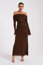 Jada Women's Rhinestone Mesh Off Shoulder Maxi Dress | Embellished Long Sleeve | Evening & Occasion