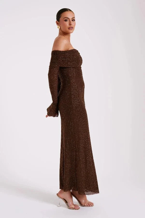 Jada Women's Rhinestone Mesh Off Shoulder Maxi Dress | Embellished Long Sleeve | Evening & Occasion