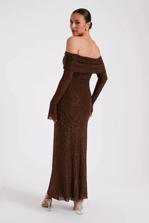 Jada Women's Rhinestone Mesh Off Shoulder Maxi Dress | Embellished Long Sleeve | Evening & Occasion