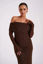 Jada Women's Rhinestone Mesh Off Shoulder Maxi Dress | Embellished Long Sleeve | Evening & Occasion