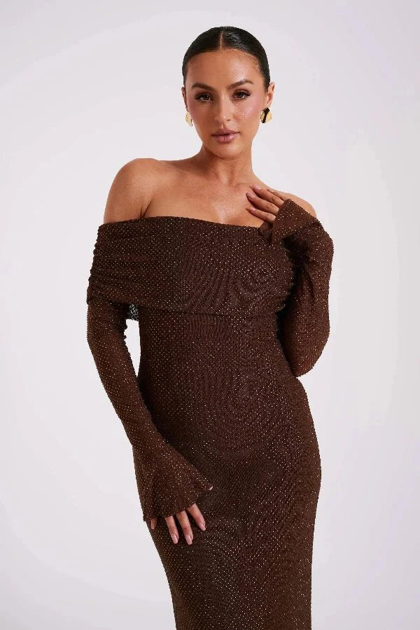 Jada Women's Rhinestone Mesh Off Shoulder Maxi Dress | Embellished Long Sleeve | Evening & Occasion
