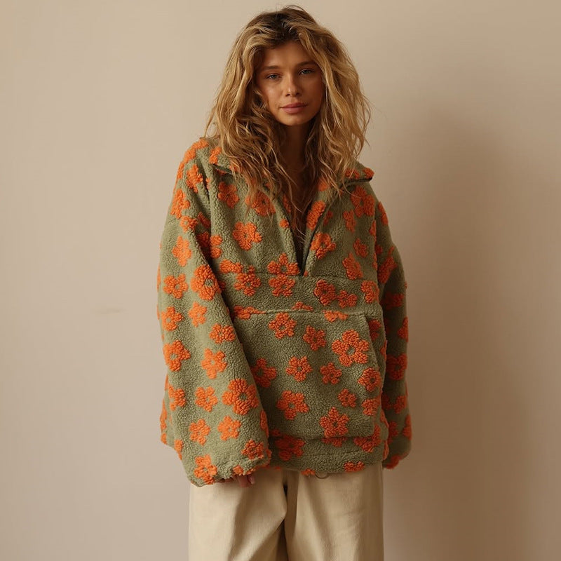 Women's Floral Sherpa Pullover | Oversized Teddy Fleece Quarter-Zip Jumper | Cosy Casual Knitwear