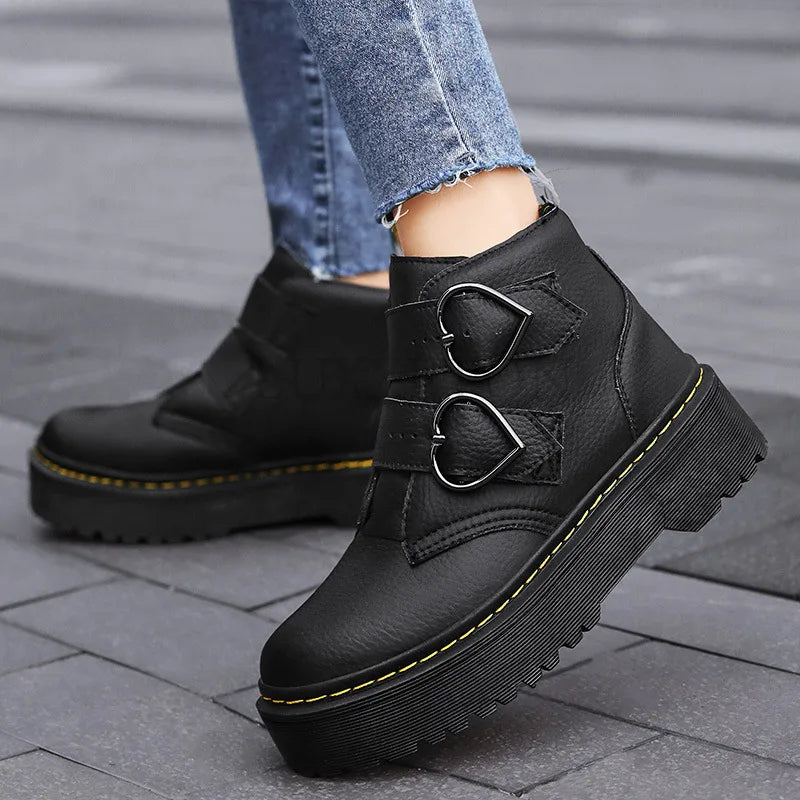 Valentijn Women's Block Heel Ankle Boots with Heart Buckle | Leather Heart Ankle Boots for Women