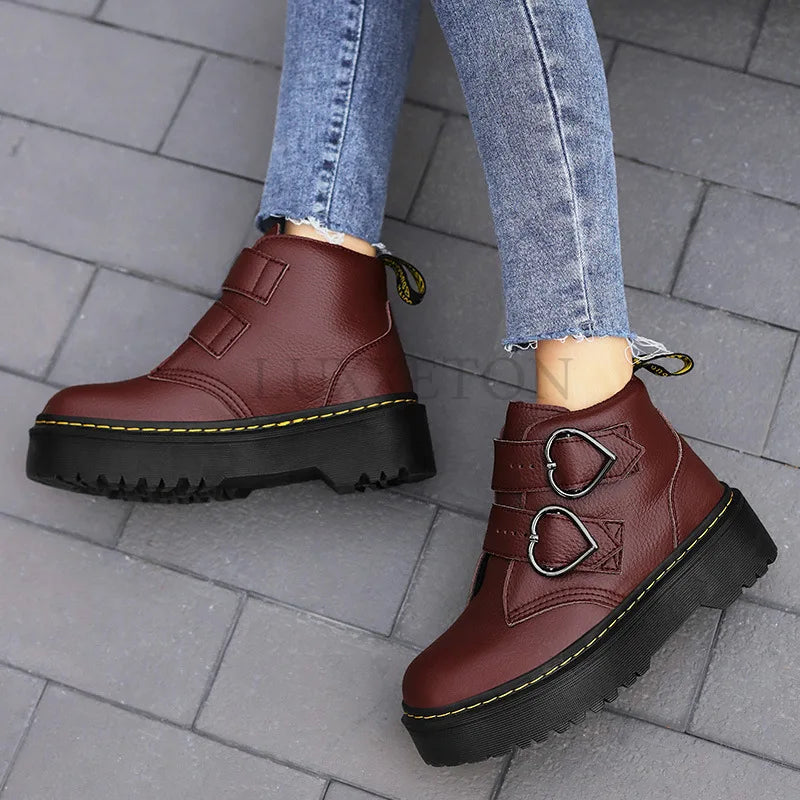 Valentijn Women's Block Heel Ankle Boots with Heart Buckle | Leather Heart Ankle Boots for Women