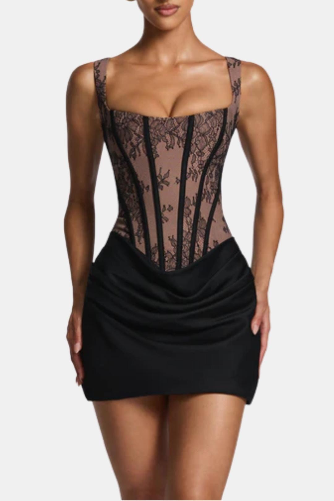 Melyna Women's Corset Square Neck Mini Dress | Ruched Satin Going Out Party Dress | Evening & Casual