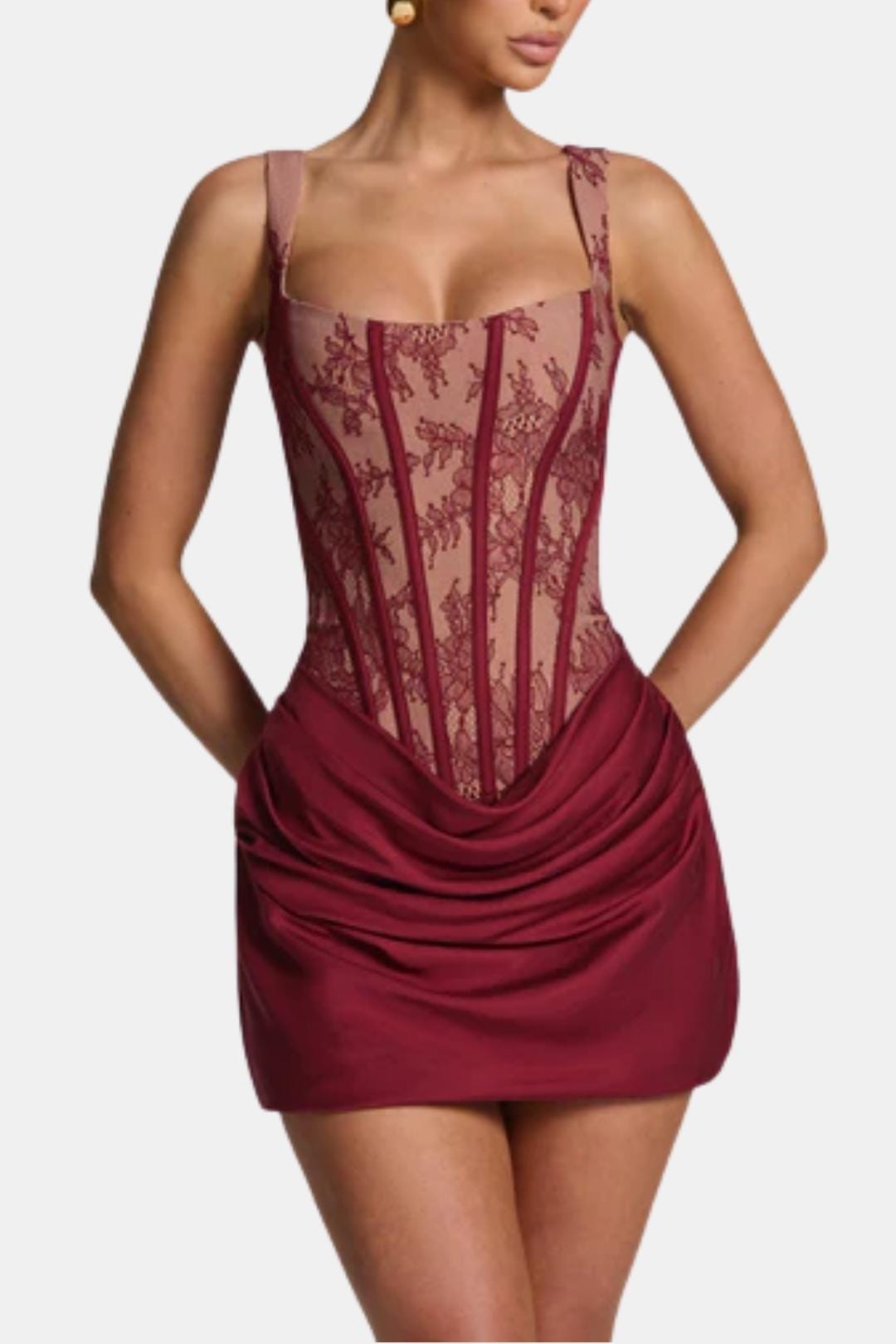 Melyna Women's Corset Square Neck Mini Dress | Ruched Satin Going Out Party Dress | Evening & Casual