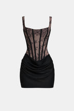 Melyna Women's Corset Square Neck Mini Dress | Ruched Satin Going Out Party Dress | Evening & Casual