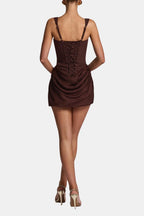 Melyna Women's Corset Square Neck Mini Dress | Ruched Satin Going Out Party Dress | Evening & Casual
