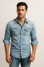 Men's Washed Denim Shirt | Slim Fit Button-Down Jean Shirt for Men | Casual Streetwear & Smart Casual