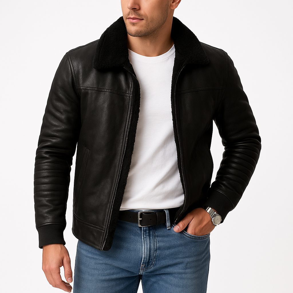 Maëlric Men's Winter Bomber Jacket with Faux Fur Collar | Mid-Length Zip-Up Coat for Men