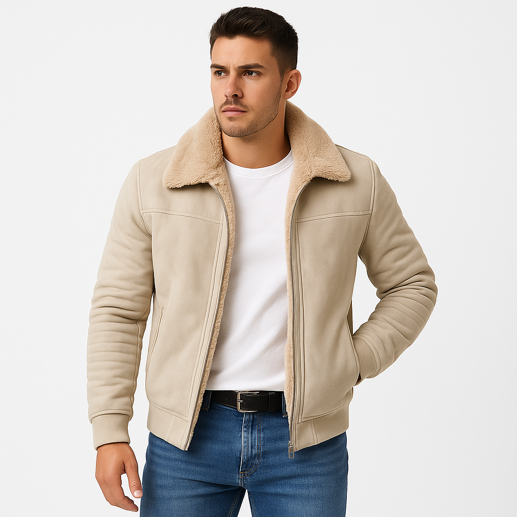 Maëlric Men's Winter Bomber Jacket with Faux Fur Collar | Mid-Length Zip-Up Coat for Men